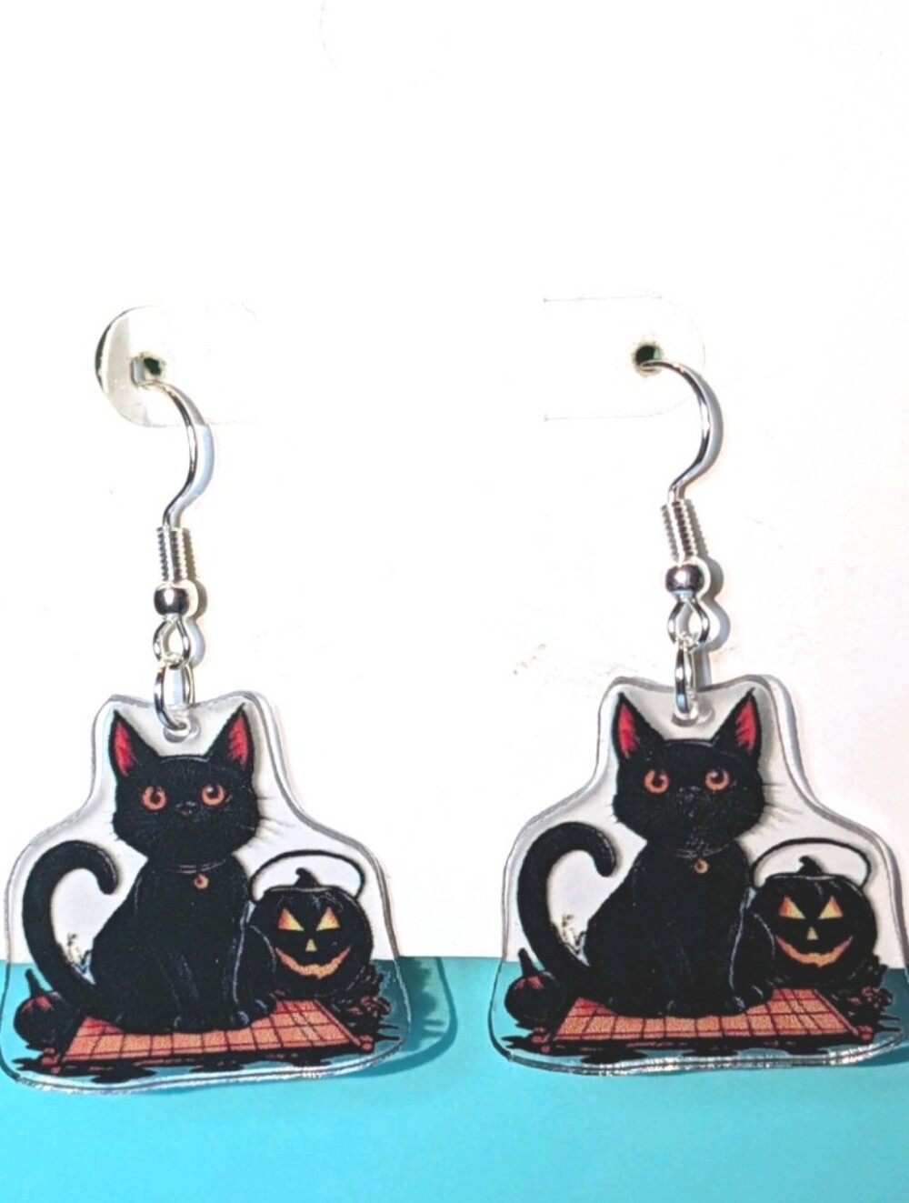 Hand Crafted Black Cat Dangle Earrings with Pumpkin Accent